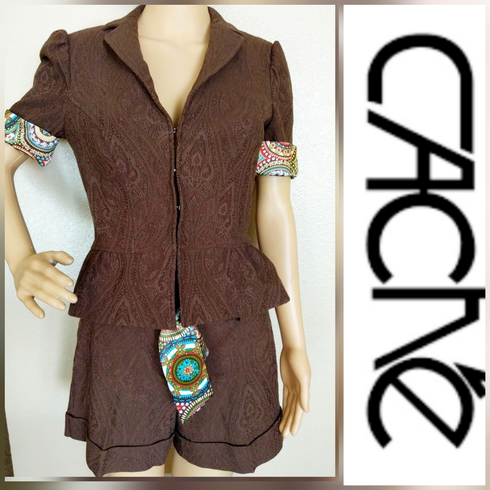 CACHE SUIT Peplum JACKET & SHORT Brown with colorful accents